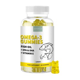 Omega 3 Gummies Adult Lemon Flavour with Vitamin E - Wild Fish Oil High Strength Omega 3 Fatty Acids, EPA & DHA - Supports Heart, Brain and Vision - No Fishy Taste, Gluten-Free, Non-GMO, 60 Gummies