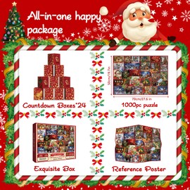 Christmas Advent Calendar Jigsaw Puzzle 1000 Piece for Adult, Christmas Countdown Santa Claus Jigsaw Puzzles, Aesthetic Holiday Snowman Winter Collage Puzzle