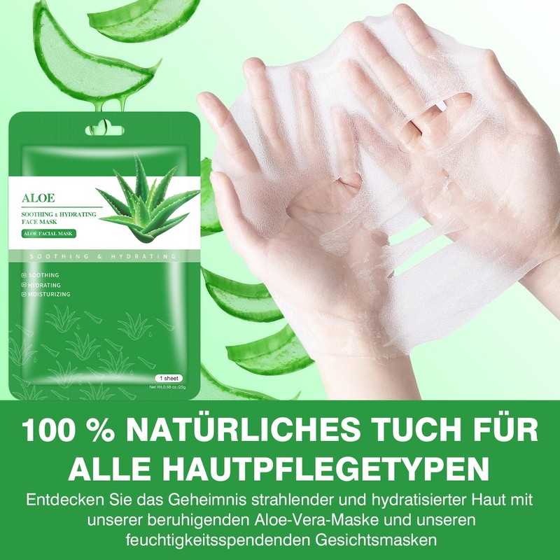 Aloe Vera Gesichtsmaske, Beruhigende & Feuchtigkeitsspendende Tuchmasken, 10 Stück, 25g
