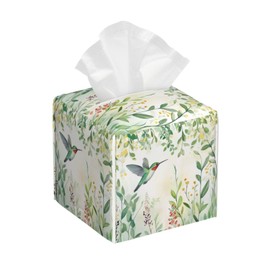 Green Leaves Hummingbird Spring Tissue Box Cover Watercolor Floral Square Leather Tissue Holder Decorative Facial Tissue Cube Paper Cover Case Organizer for Bathroom Night Stands Desk Home
