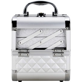 Ver Beauty Art Craft Tattoo Makeup Acrylic Mini Train Aluminum Case Organizer Box Two Cantilevered Shelves with Lid Mirror Key Locks Easy Clean – VK005, Silver Diamond