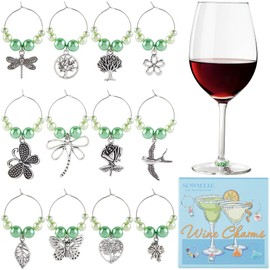 SUNNYCLUE 1 Box 12Pcs 12 Styles Green Wine Glass Charms Silver Drink Charms Metal Alloy The Tree of Life Dragonfly Butterfly Flower Leaf Beaded Identifier Tags for Stem Glasses Tasting Party Supplies