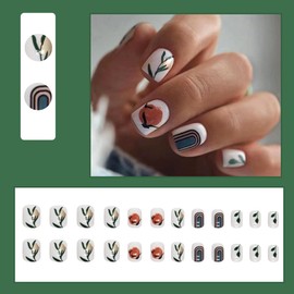 24 Pcs White Press on Nails Short Square - Cute Fake Nails Press ons Spring Nail Art Tips Full Cover False Nails with Leaves Gold Foil Glitter Design Glue on Nails Kit Acrylic Set for Women