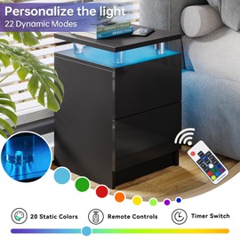 15" Black Nightstand Set of 2 with LED Lights, Modern Bedside Tables for Bedroom, Nightstands with 2 Storage Drawers, 15 Inch Sturdy Storage End Tables, Black