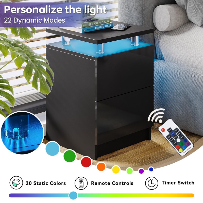 15" Black Nightstand Set of 2 with LED Lights, Modern