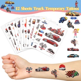 CCINEE 12 Sheets Monster Truck Temporary Tattoos for Kids,93 Pcs Luminous Groovy Racing Car Trophy Wheel Checkered Flag Tattoo Stickers for Birthday Party Supplies Classroom Rewards