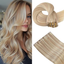 Hair Extensions Real Human Hair 22 Inches 115g Golden Blonde Highlights Real Hair Extensions Clip in Human Hair Straight Silky Human Hair Clip Ins #16/22 7pcs