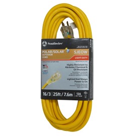 Coleman Cable 01287 16/3 Insulated Outdoor Extension Cord with Lighted End, 25-Foot