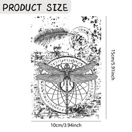 VTOS 3.94”*5.91” Vintage Dragonfly Feather Text Clear Rubber Stamp for Card Making, Transparent Embossing Silicone Seal Stamp for Scrapbook Journal Paper Album Craft