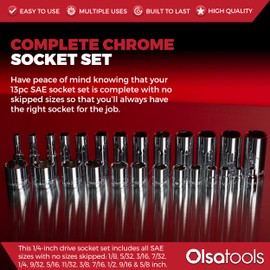 Olsa Tools SAE Shallow Socket Set - 1/4-Inch Drive, 13pc - 6-Point Chrome Sockets 1/8" to 5/8" and No Skipped Sizes - Mechanic Shallow SAE Socket Set - Professional Grade Short Sockets - Part: 1330
