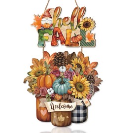 Aurlan Hello Fall Door Decor,Autumn Sunflower Wall Hanger,Pumpkin Maple Leaf Wooden Door Hanging,Rustic Floral Autumn Wall Plaque,Fall Gnome Decor,Thanksgiving Wreath for Porch Yard Farmhouse Bedroom