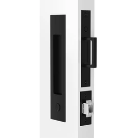 Dontay Pocket Door Hardware with Lock Privacy,Recess Edge Pull,Matte Black | Fit 1 3/8'' Sliding Bath Doors,Invisible Heavy Duty Rectangular Finger Handle,2 3/8'' Center Latch,Grip Ring,Hidden Screw