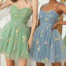 Embroidered Flower Tulle Dress Women Short Tie Strap Sleeveless Embroidery Floral Dress for Women Fairy Prom Dress Sweetheart Tulle Homecoming Dresses Ruched Formal Evening Party Gown Light Green XXL