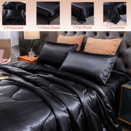 Sisher 5Pcs Bedding Sets, Silk Stain Bed in A Bag Sheets Sets Queen Size Comforter and Sheet Set (1 Black Comforter, 2 Black Pillow Shams, 1 Black Flat Sheet, 1 Black Fitted Sheet)