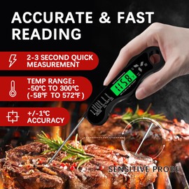 Cooking Thermometer,IP67 Waterproof Digital Meat Thermometer with Backlight, Calibration & Hold Function，Food Thermometer for Cooking,Outdoor Grilling,Candy Making