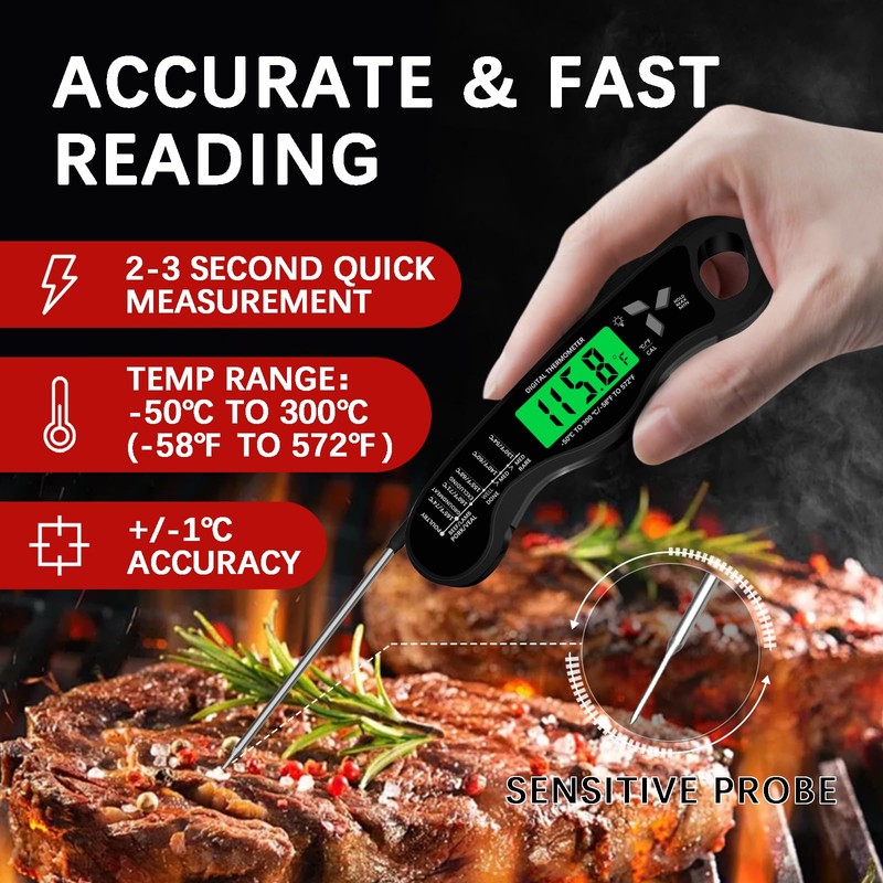 Cooking Thermometer,IP67 Waterproof Digital Meat Thermometer with Backlight, Calibration &