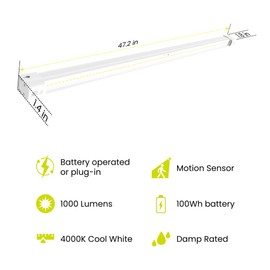 Feit Electric 4ft Rechargeable LED Shop Light, 7.5W, Motion Sensor, Magnetic & Flush Mount, 4000K Cool White, 1000 Lumens, No-Humming Utility Light for Garage & Workshop, SHOP4/840/100/MOTBAT