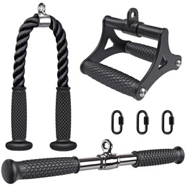 Kipika Cable Machine Attachments for Home Gym - 18“ Rotating Straight Bar, 28” Tricep Rope, and V Handle - Heavy-Duty Steel and Nylon - for Triceps, Biceps, Back, and Shoulder Exercises