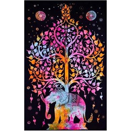 Tie Dye Mandala Tapestries Home Decor Wall Hanging Tapestry Indian Hippie Elephant, yin yang, Dream catcher, Wolf Bohemian Boho Multicolour Cloth Wall Art 140 x 200 cms (Multi tree elephant)