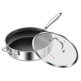 DELARLO Tri-Ply Stainless Steel 12 Inch Deep Frying Pan with lid 6QT Saute Pan Nonstick, Induction Compatible Chef Cooking Pan, Large Pan Dishwasher & Oven Safe