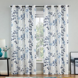 Beauoop Floral linen Semi Sheer Curtains 84 Inches Long 2 Panels for Living Room Bedroom Blue Navy Farmhouse Flower Patterned Light Filtering Textured Grommet Top Window Treatments Drapes, 50x84 2 Set
