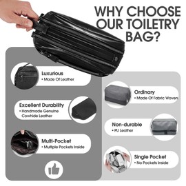 IUI Leather Travel Toiletry Bag for Men Hanging Dopp Kit - Mens Travel Organizer- Water Resistant Bathroom Shaving Bag for Toiletries Accessories with Large Capacity - Gift for Husband Father, Black