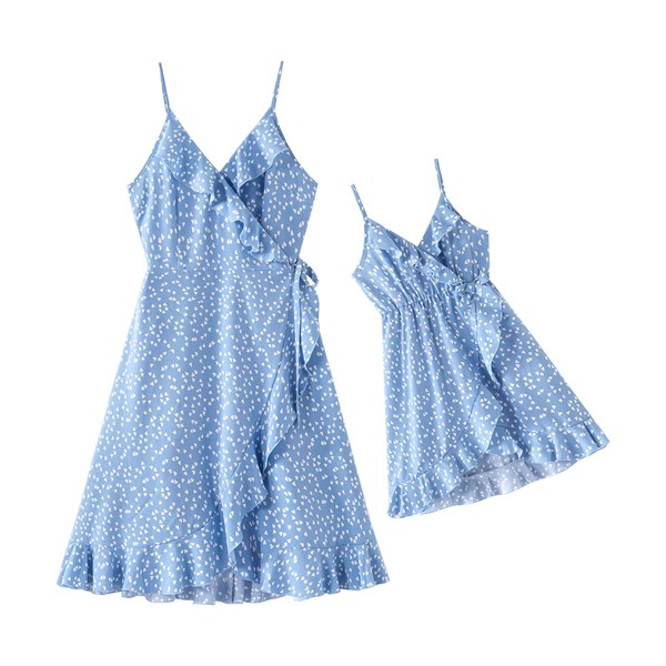 PATPAT Conjunto de vestidos de mamá y mí a juego con volantes y manga de lunares, vestido casual para madre e hija, Azul/claro, 2 Años