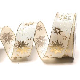 s.dekoda 5124 Decorative Ribbon 20 m x 40 mm Cream Gold Stars Gift Ribbon Christmas