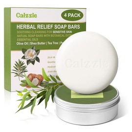 Calzzle 4 Pcs Herbal Soap Bar with Tea Tree Oil, Olive Oil & Organic Shea Butter - Natural Handmade Soap for Women & Men, Gentle Face, Body & Foot Cleanser for Dry, Itchy or Sensitive Skin, 3.53 oz