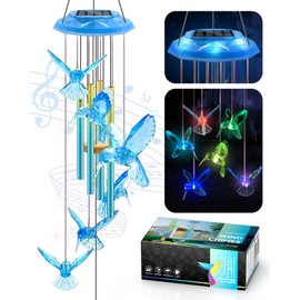 Hummingbird Solar Wind Chimes, Memorial Birthday Gifts for Women mom, Glowing Top Color Changing Hummingbirds Moblie LED Wind Chime for Outside, Outdoor Home Party Garden Decor Light(Blue)