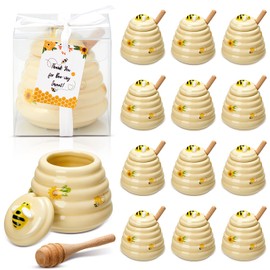 12 Pcs Honey Party Favors Bee Party Favors Honey Jars with Dippers Honey Ceramic Pot Bee Themed Party Supplies Bee Theme Baby Shower Favors for Guests Honey Jars for Baby Shower, Wedding Favors
