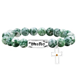 JunyiDIY Cross Mustard Seed Pendant Bracelet, Green Point Stone Energy Bracelet for Boyfriend Girlfriend Birthday Gift Crystal Jewelry