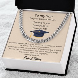 Graduation necklace, Keepsake gift for Him, 2024 Graduation To my Son Proud Mom Cuban Chain Necklace 14k Gold, High School College Grad (Stainless Steel, Gradutaion)