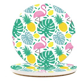 Flamingo Pineapple Car Coasters for Cup Holders, Car Accessories, 2 Pack Absorbent Ceramic Car Cup Holder Coasters for Drinks, for Women Men, Universal Non-Slip with Finger Notch