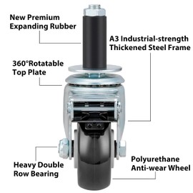 Finnhomy 3 Inch Caster Wheels for Prep Table Set of 4 Heavy Duty Swivel Expanding Stem Casters Fit 7/8" and 1" Tube Leg Industrial Locking Wheels for Stainless Steel Table/Cart/Worktable Leg, Black