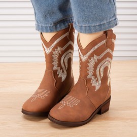 BMCiTYBM Girls Cowgirl Boots Unisex-Child Mid Calf Toddler Cowboy Boots Little Kids Western Boots Square Toe All Seasons Shoes All-Brown Size 7 Toddler
