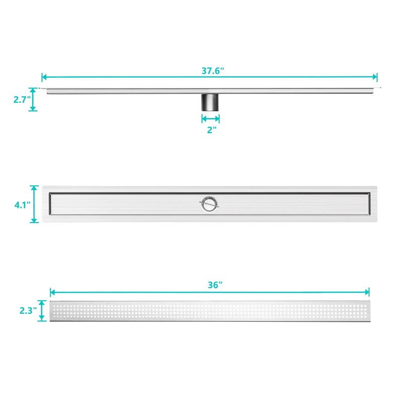 36 inch Linear Shower Drain with Square Hole Pattern Grate