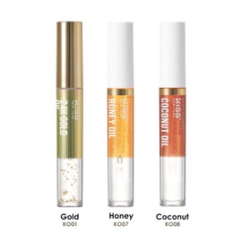 Kiss New York 3 PACK Lip Oil Gloss, Hydrating Non-Sticky Lip Oil, 100% Natural Oil Clear Lip Gloss, Lightweight Lip Moisturizer (Gold & Honey & Coconut)