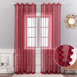 MIULEE 2er Set Vorhang Sheer mit Ösen Transparente mit Pompons Gardine aus Voile Polyester Ösenvorhang Transparent Wohnzimmer Luftig Dekoschal für Schlafzimmer 140 x 225cm (B x H) Weinrot