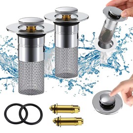 2Pack Bathroom Sink Drain Strainer, Pop Up Sink Drain Filter with Removable Stainless Steel Filter Basket Hair Catcher, for Us Bathroom Sink Stopper Replacement, Bathtubs, Showers & Floor Drains