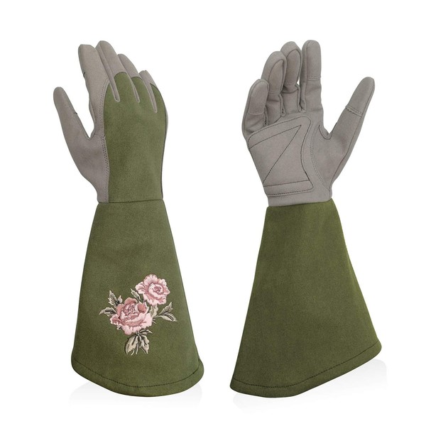 Intra-FIT Garden Gloves, Rose Gloves, Gardening Gloves, Long Sleeve, Synthetic Leather, Soft, Grip, Thorn-Proof, Fit, Floral Pattern, Olive, Extra Large