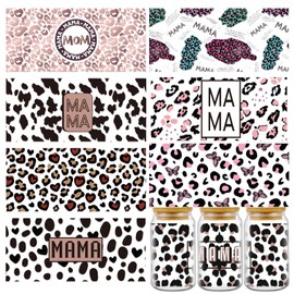 Rngmsi UV DTF Cup Wrap - 8 Sheets Leopard Print UV DTF Wraps Waterproof Mom Uvdtf Cup Wraps, Mama UV DTF Cup Wraps for 16 oz Glass Cups Wood Crafts Mom Gifts