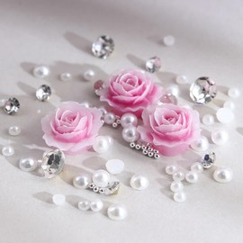 Pink Gradient Flower Acrylic Nail Charms - 1 Box with Rose, Rhinestones and Pearls for Women Girls DIY Nail Decoration