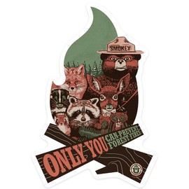 Die Cut Sticker Smokey Bear and Woodland Creatures, Only You Can Prevent Wildfires, Vinyl Sticker 1 to 3 inches (Waterproof Decal for Cars, Water Bottles, Laptops, Coolers), Small