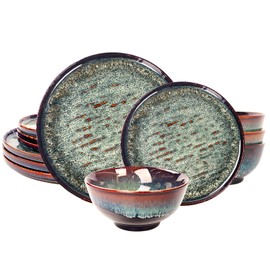 jinsongdafa Dinner Set 12 Pieces - Round Reactive Glaze Tableware - Kitchen Dinnerware Porcelain Crockery with Dinner Plate, Bowl and Soup Plate Service for 4, Microwave Dishwasher Safe, Set (No.3)