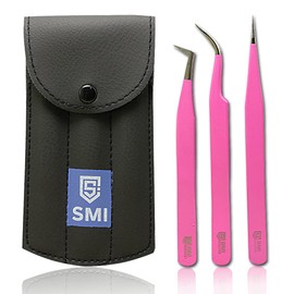 SMI 3-Piece Eyelash Tweezers Set, Curved & Straight, Eyelash Tweezers, Pointed for Eyelash Extension, 3D & 6D Volume, Stainless Steel, Pink, with Case