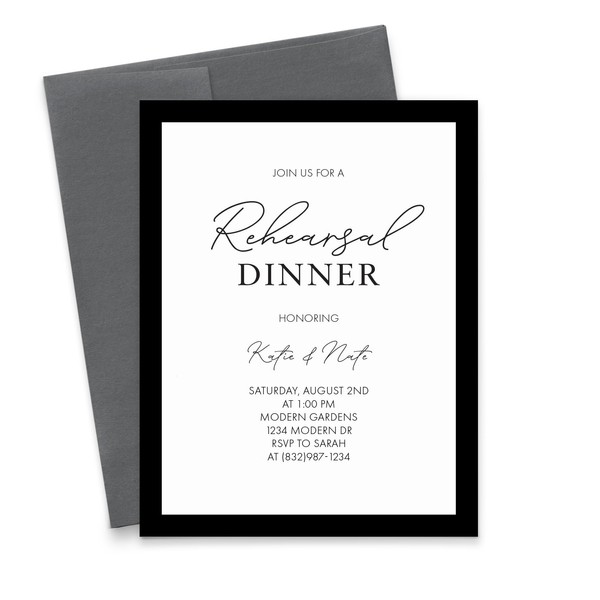 Black and White Rehearsal Dinner Invitations With Envelopes, Elegant Wedding