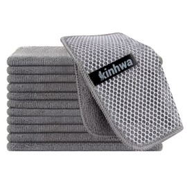 KinHwa Kitchen Washcloths for Dishes Absorbent Microfiber Dish Cloths Quick Dry Dish Rags with Poly Scour Scrub Side Ideal for Kitchen Cleaning (Gray, 7inchx7inch 12 Pack)