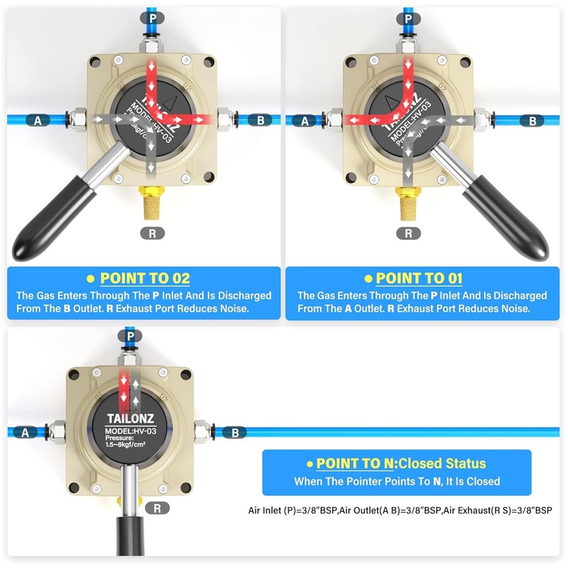 TAILONZ PNEUMATIC Rotary Lever Hand Valve HV-03 3/8”BSP Air Flow