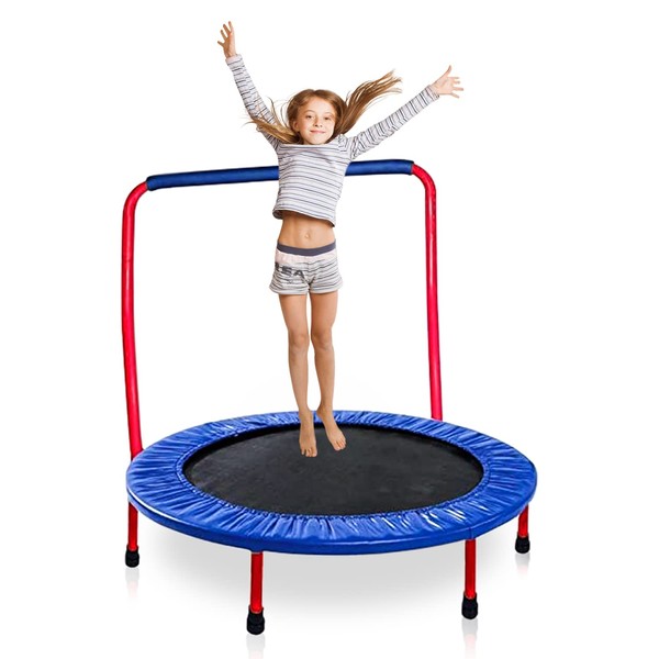 KEWLTAX Kids Trampoline Portable & Foldable 36 Inch Round Jumping Mat for Toddler Durable Steel Metal Construction Frame with Padded Frame Cover and Handle Bar (Red - Blue (36 inch))